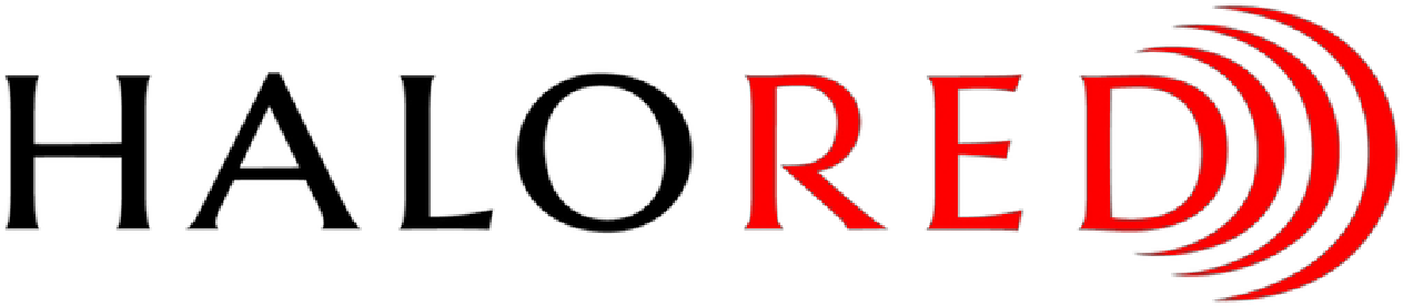 HaloRed Logo. Roter Schriftzug mit Signalwellen auf schwarzem Hintergrund.